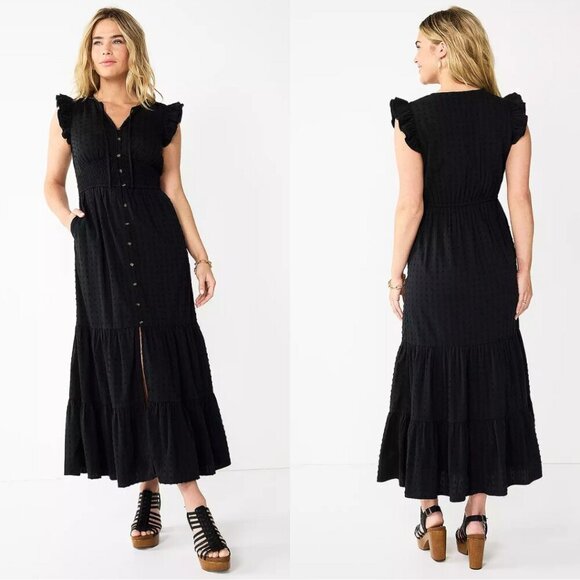 Sonoma Dresses & Skirts - Sonoma Smocked Swiss Dot Ruffle Button Front Maxi Dress Black 1X Plus Size